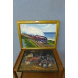 Two oil paintings of trains, both framed