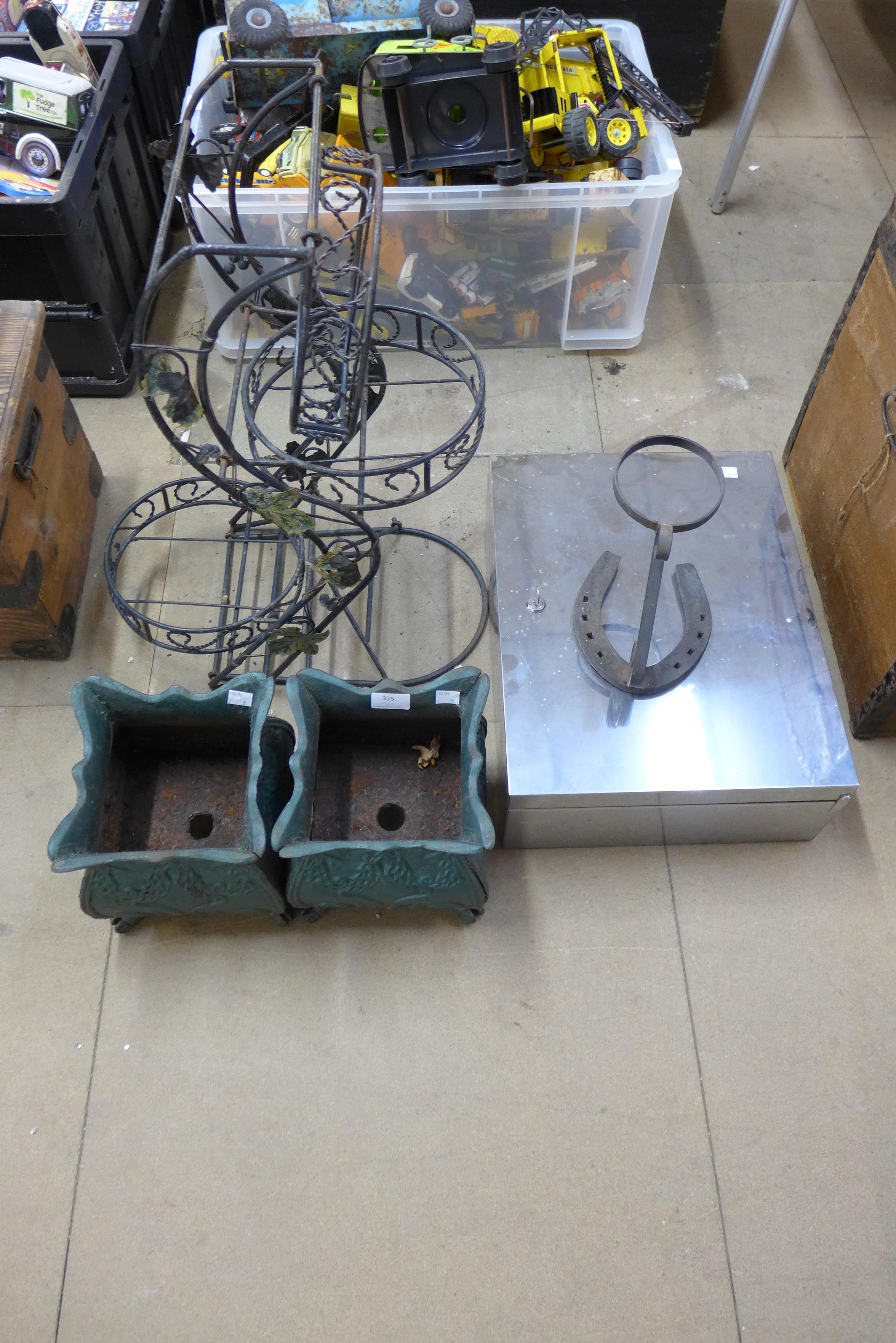 A pair of cast iron planters, etc. (5)