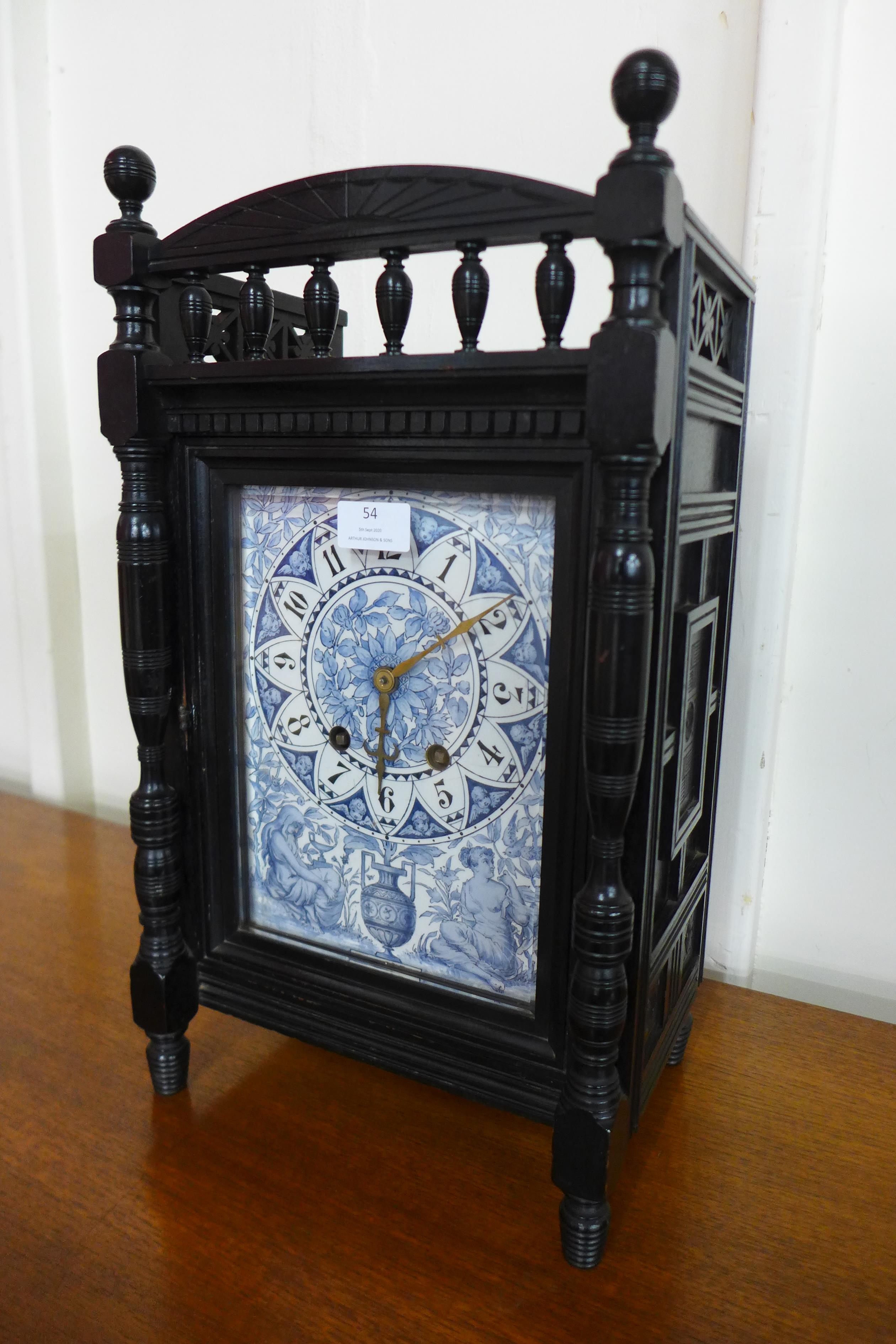 A Victorian Aesthetic Movement ebonised bracket clock, with blue and white porcelain dial, 48cms h - Image 2 of 3