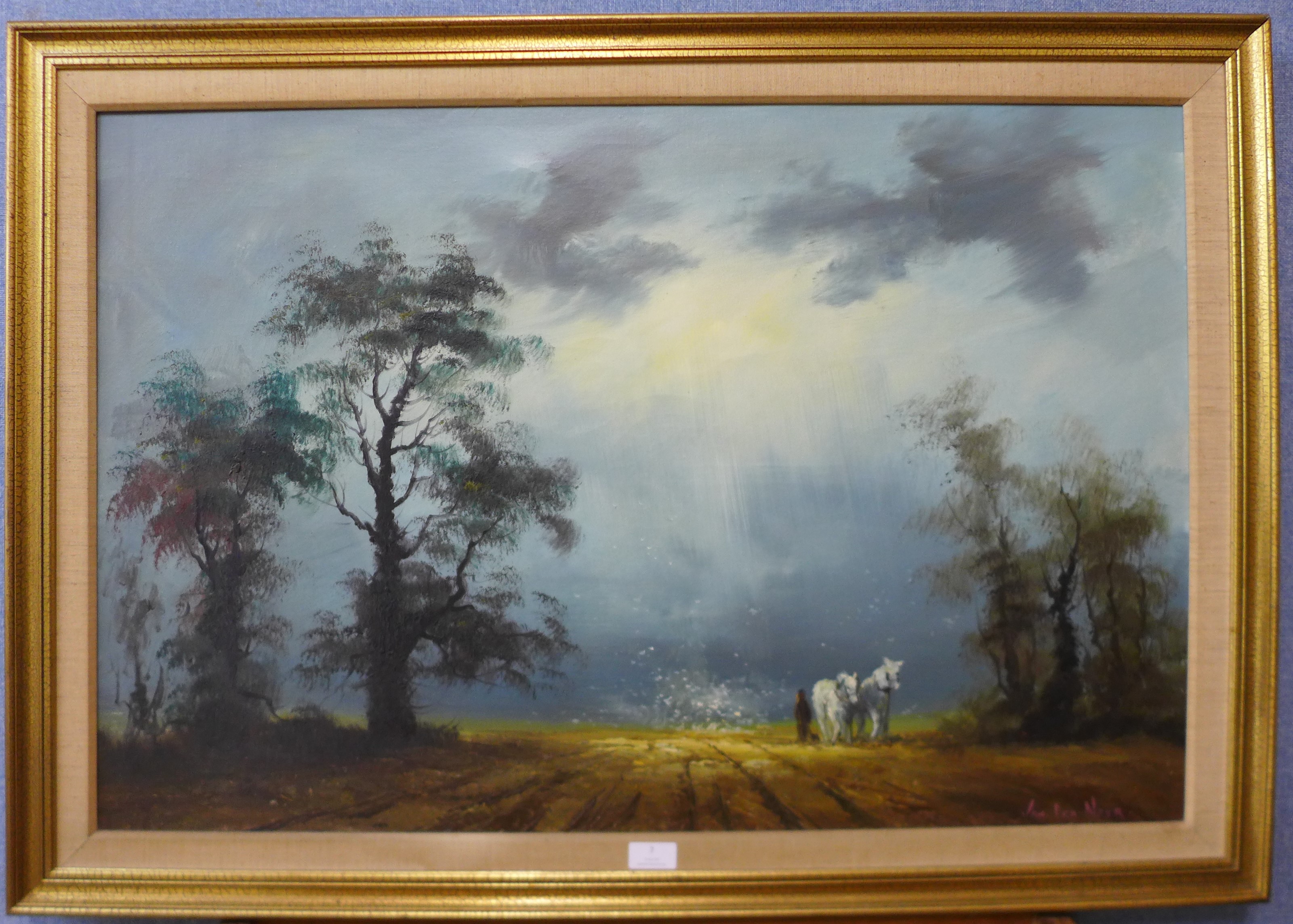 * Van Dem Neer, landscape, oil on canvas, 60 x 90cms, framed - Image 2 of 2