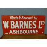 An enamelled W. Barnes, Ashbourne advertising sign