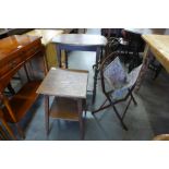 An Arts and Crafts oak occasional table, an oak barleytwist occasional table and a folding sewing