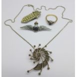 A 925 silver and marcasite pendant, a RAF sweetheart brooch, a ring and a clip