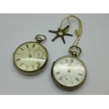 Two silver pocket watches, one lacking case back