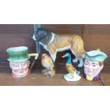 Five items of Beswick;- Saint Bernard, two character jugs, a Robin and a Mallard duck