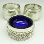 A heavy silver Arts and Crafts style salt, liner a/f, weight with liner 108g, and two silver