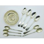 A set of four Georgian silver spoons, five white metal spoons and a bowl