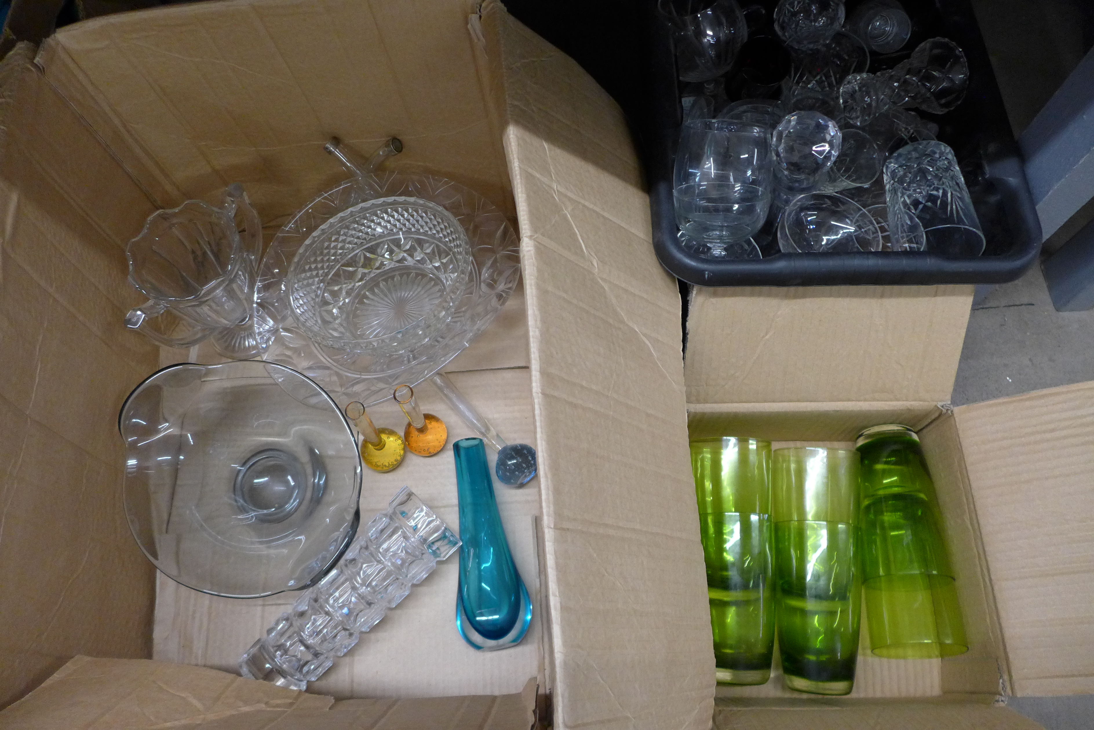 Three boxes of mixed glass including a Whitefriars vase, bowls, drinking glasses, decanter, etc.