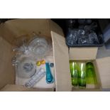 Three boxes of mixed glass including a Whitefriars vase, bowls, drinking glasses, decanter, etc.