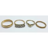 Four 9ct gold rings, 6.7g, (the two stone set rings a/f)