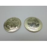 Two 1oz fine silver Britannia £2 coins, 2002 and 2012