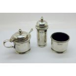 A three piece silver condiment set, 222g, one of two liners a/f