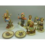 Six Hummel figures and two dishes, three figures a/f