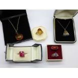 A silver and Blue John pendant and chain, a silver and amber ring, an amber pendant and three silver