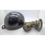 A motorcycle helmet, 1960's and a Panther of Birmingham bicycle lamp