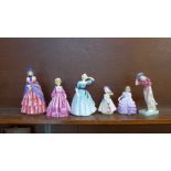 Six figures;- five Royal Doulton figures, A Victorian Lady, a/f, Celeste, Windflower, a/f, Rose,