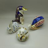 A collection of four Royal Crown Derby paperweights, comprising a Stooping Dormouse with gold