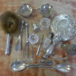A silver backed hand mirror, three silver mounted glass items, etc., some a/f