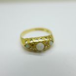 An 18ct gold, opal and diamond ring, lacking one diamond, 2.1g, P, Chester hallmark