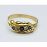 An 18ct gold, sapphire and diamond ring, 2.3g, P