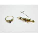 A 15ct gold, amethyst and seed pearl brooch, 2g, and an 8ct gold, diamond and sapphire ring,