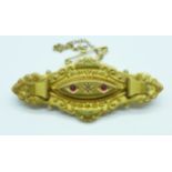 A 9ct gold, cabochon ruby and old cut diamond brooch, 3.7g
