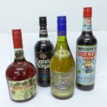 Four bottles of spirits; two rum including Wood's 100 Old Navy Rum, cognac and brandy from 1970's
