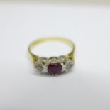 An 18ct gold, ruby and diamond ring, 2.4g, L