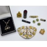 A silver RAF necklace, an Art Nouveau buckle, brooches, etc.