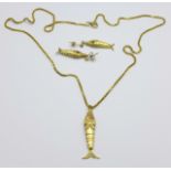 A pair of hallmarked 9ct gold, articulated fish earrings, 3.1g, and a matching but unmarked pendant,