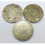 Three coins, 1871 5 Pesetas coin, a 1780 Maria Theresia coin and a 1937 crown