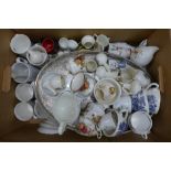 A box of mixed decorative china; Royal Albert Old Country Roses cups and saucers, blue and white