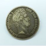 An 1830 Louis Philippe I, 5 francs coin, mounted as a brooch, lacking hook