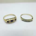 Two 9ct gold rings;- diamond and sapphire set and seven stone diamond set, 2.8g, N/O
