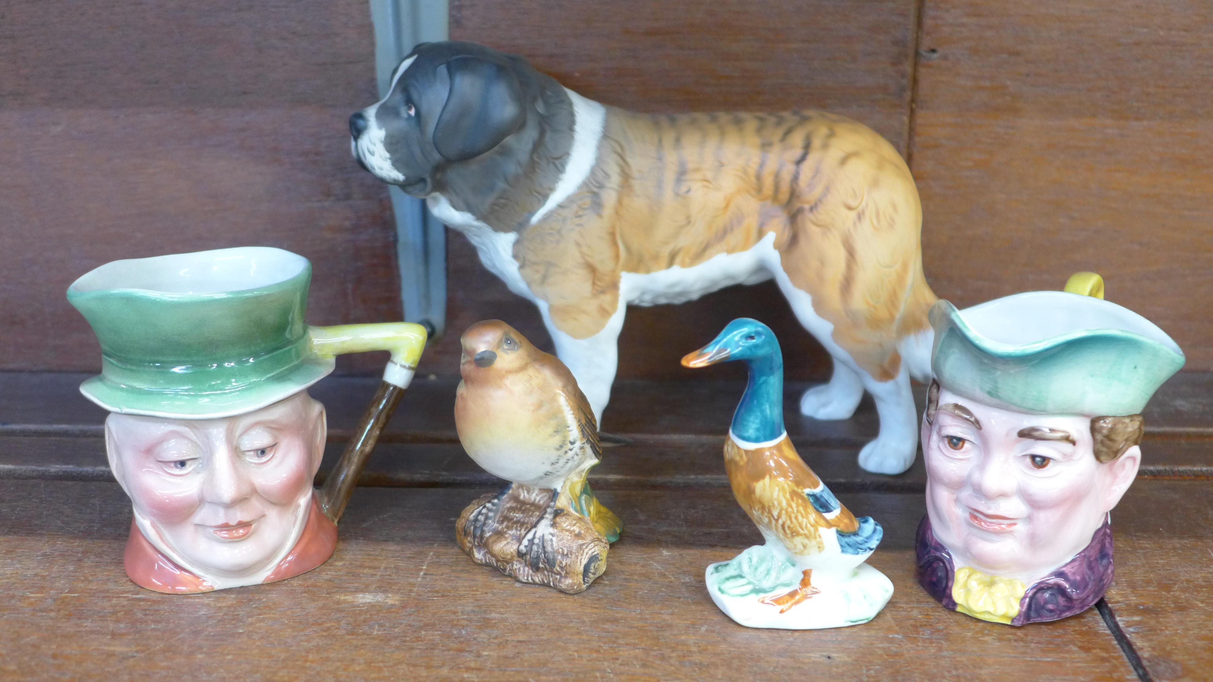 Five items of Beswick;- Saint Bernard, two character jugs, a Robin and a Mallard duck - Image 2 of 4