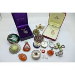 Costume jewellery, a silver pill box, a Cornwall pearl pendant and chain, and a silver pendant and