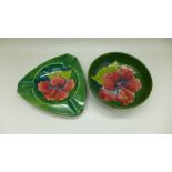 A Moorcroft dish and ashtray, green Hibiscus pattern, impressed marks to the base