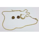 A 9ct gold chain, a/f, a pair of 9ct gold earrings and a single 9ct gold earring, 5.2g