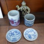 Two Chinese brush pots, two blue and white dishes and a wine pot