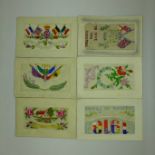 Six WWI embroidered silk postcards, (all unused but four with brief messages on the reverse)