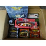 Model vehicles including a Corgi military aircraft, a Maisto Manchester United team bus, etc., boxed