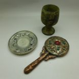 A Chinese goblet, dish with coin and a mirror, (modern)