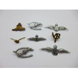 Five RAF sweetheart brooches, a military badge, etc.