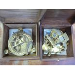 A modern brass sextant and a brass nautical compass, both boxed