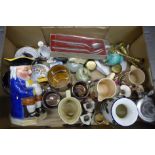 A Burlington Toby jug, Wade tankards, Wade jugs, brass candlesticks, stein, Wedgwood Jasperware pots