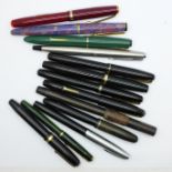 A collection of thirteen fountain pens; ten with 14ct gold nibs, four Watermans, three Conway