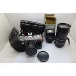 A Praktica MTL3 camera, a Mirage f=200mm lens and a Cobra auto 150 flash
