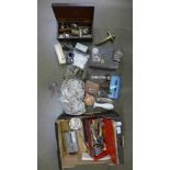 Assorted items including pocket knives, a small parachute, harmonica, crowns, boxes, etc.