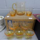 A Whitefriars handmade crystal water set in original box and six Wedgwood glass sundae dishes
