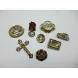 A micro-mosaic cross pendant, brooches, etc., (Scottish brooch a/f)